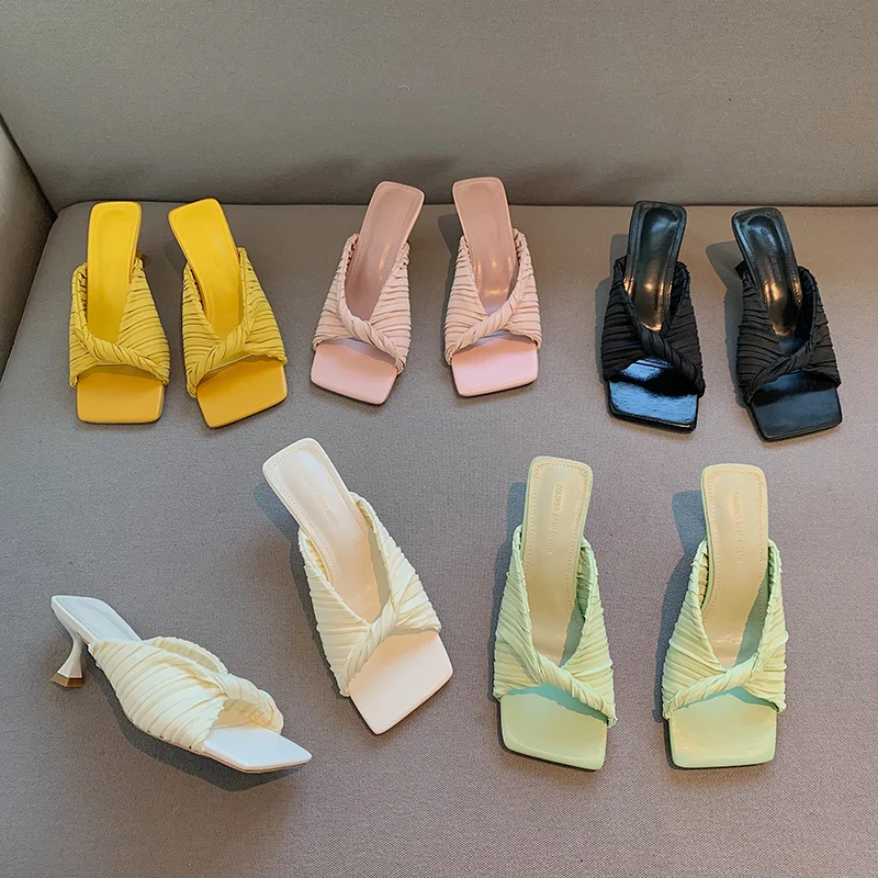 

Шлепанцы женские без задника, открытый носок, без застежки, на тонком среднем каблуке, повседневные уличные тапочки, сланцы, желтые, розовые,...