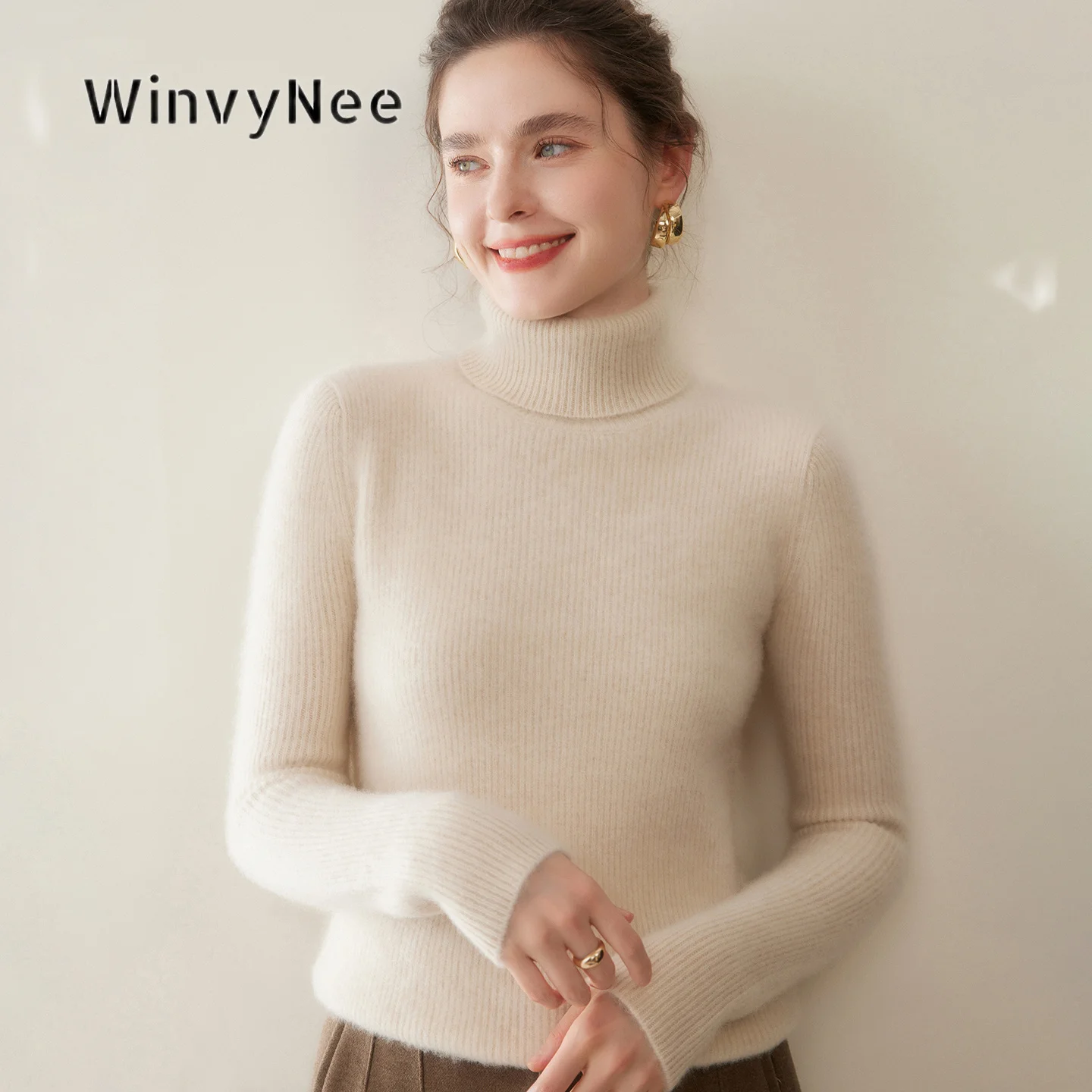 Фото Женский кашемировый свитер-гольф WinvyNee с плотной вязкой в рубчик, теплый, шелковистый на ощупь, подчеркивающий фигуру, премиум-класса, вязаный пуловер A1054083 №5