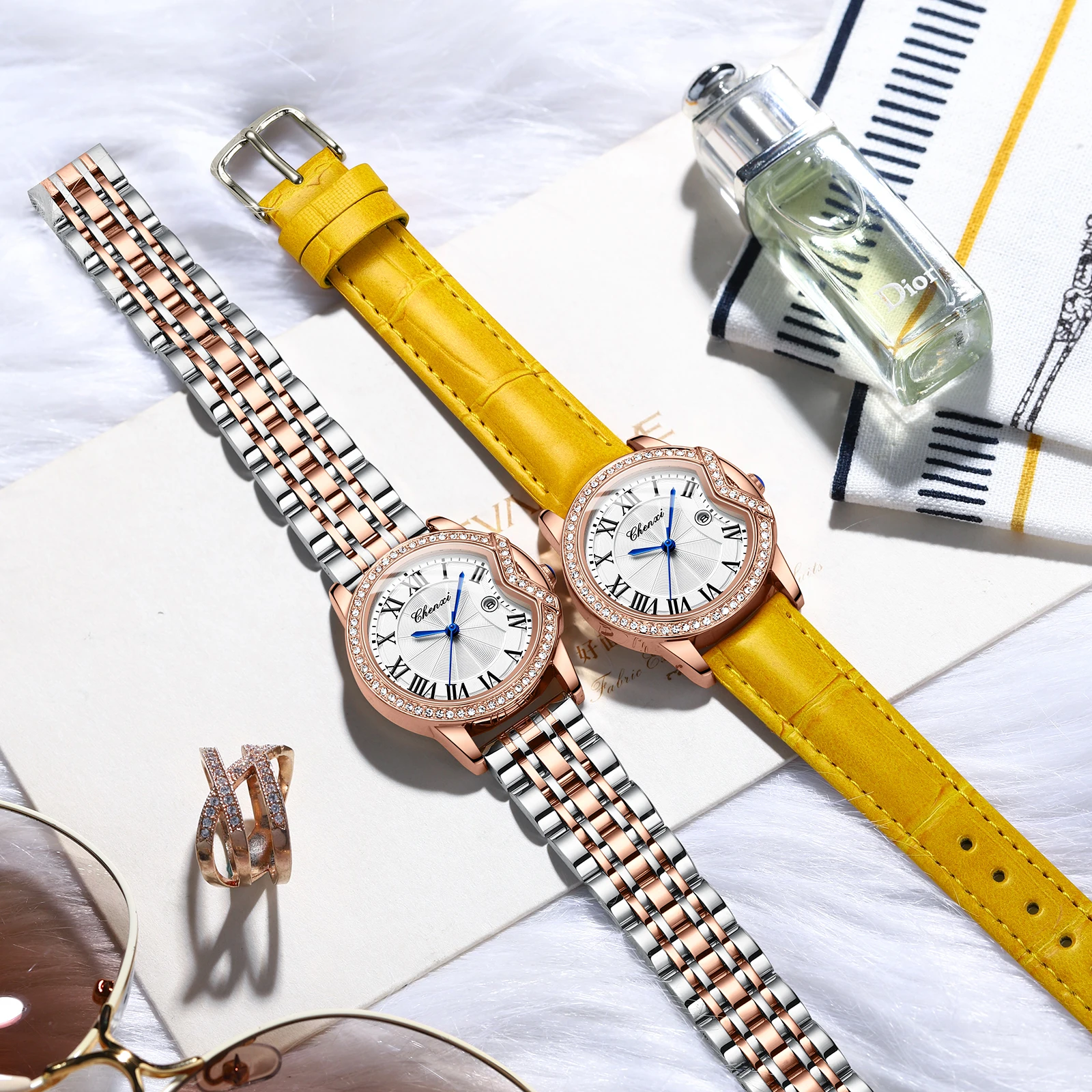 CHENXI New Fashion Women Watches Luxury Diamond Encrusted Roman Calendar Waterproof Leather Quartz Watch Ladies Wrist Watches