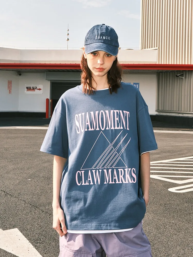 Suamoment Scratch Triangle Logo Letter Short sleeve Men and Women Summer New Fashion Brand Casual T-shirt Loose Half Sleeve