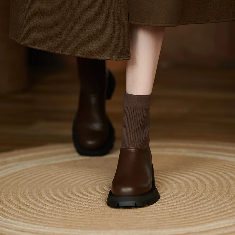 TSTCTB 2022 Autumn Winter Ankle Boots for Women New Splicing Genuine Leather Platforms Thick Heels Sock Boots Casual Shoes Woman