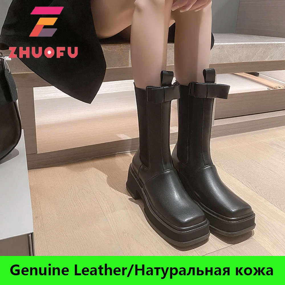 

Женские сапоги до середины икры ZHUOFU, сезон осень-зима, модная обувь на платформе из натуральной кожи с бантом-бабочкой на толстом каблуке и к...