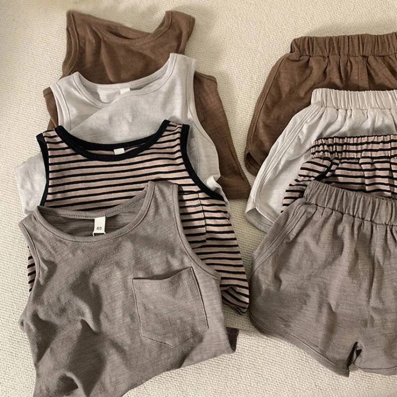 

Summer Thin Boy Girl Baby Solid Suspenders Waistcoat Suit Children Sleeveless Casual Striped Tops+Shorts 2ps Kid Cotton Vest Set