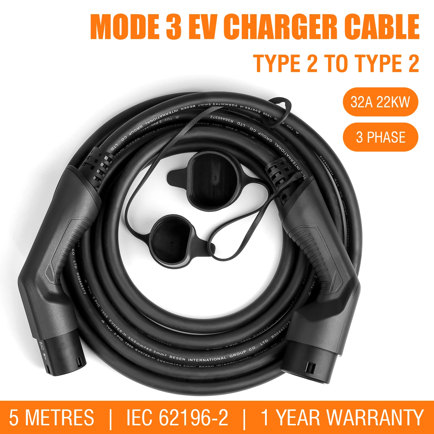 Зарядный кабель для электромобилей, тип 2, 22 кВт, 32 А