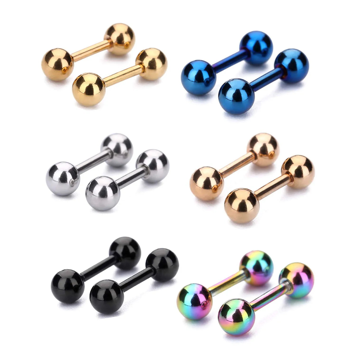 

4mm Surgical Stainless Steel Ear Piercing Studs Earrings sets 5 - 6 Pair Mixed Colors High Polished 16G