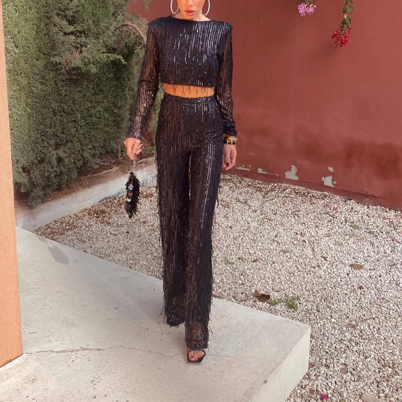 

Female Sexy Sequins Slim Two Piece Set Banquet Elegant Long Sleeve Blouse Tops&High Waist Pants Suit New Women Glitter Outfits