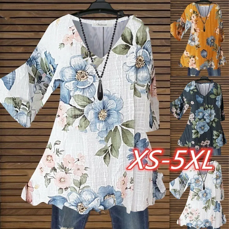 

Women Fashion T-shirt Short Sleeve Blouses Tops Summer Holiday Wear Tunic Shirts Causal Floral Printed V-neck Tshirt