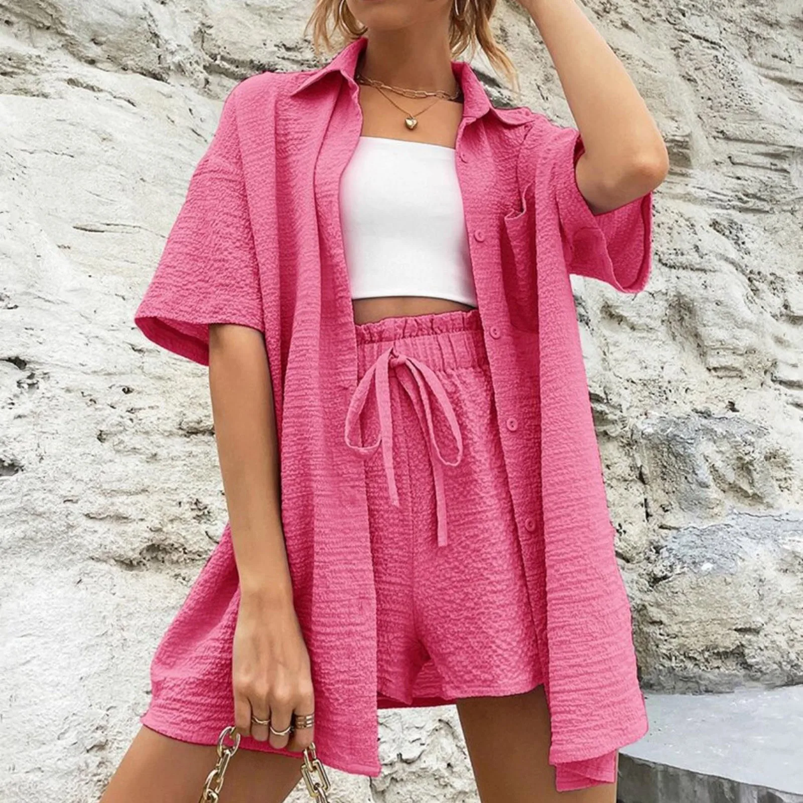 New Women Two Piece Set Solid Color Shorts Suit Cotton Linen Short Sleeve Shirt Tops And Loose Mini Shorts Suit Summer Tracksuit 4