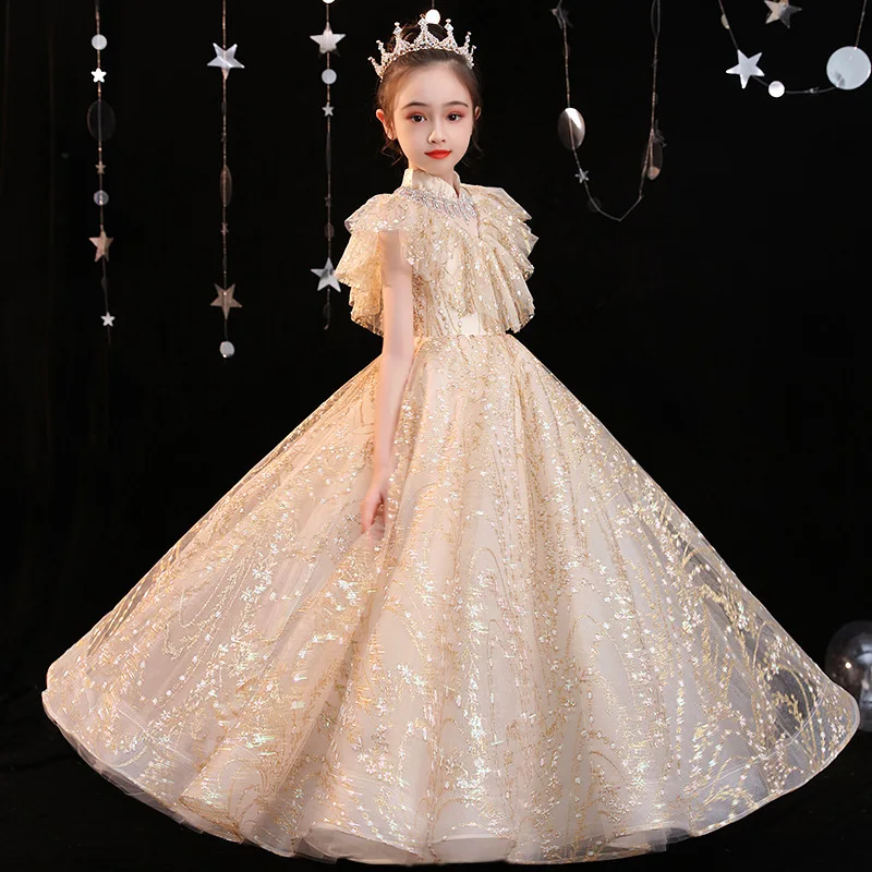 

Girls Children Luxury Korean Sweet Ruffles Wedding Birthday Party Dress Kid Teens Communication Piano Host Dress robe fillette