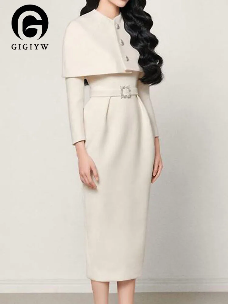 

GIGIYW Chic 2023 New 2 Pieces Set Cape With Dress Ful Sleeve Belt High Waist Button Medium Long Wedding Party Spring