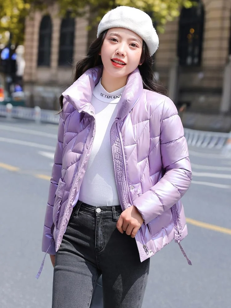 2022 New Korean Style Women Winter Jacket Stand Collar Cotton Padded Warm Thick Shiny Short Ladies Coat Winter Parkas