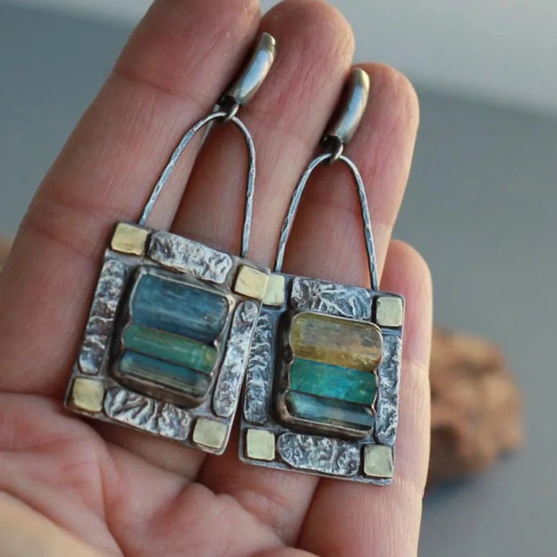 

Ancient Tribal Green Blue Crystal Earrings, Square Zircon Geometric Crystal Earrings with Worn Color, New