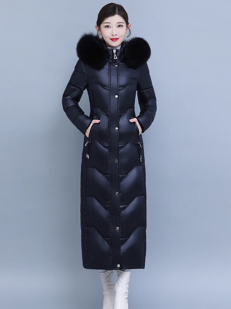 New Women Glossy Surface Down Coat Winter Fashion Thicken Warm Hooded Real Fox Fur Collar Slim Long Down Jacket Ankle-Length