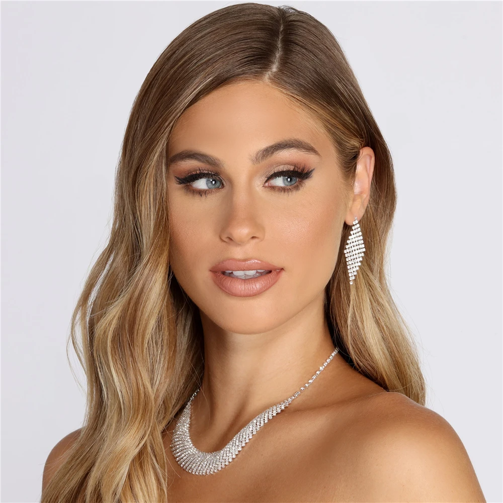 

High Quality Fashion Full Rhinestone Wedding Bridal Jewelry Set Ladies Geometric Diamond Earrings Necklace Jewelry Set Wholesale