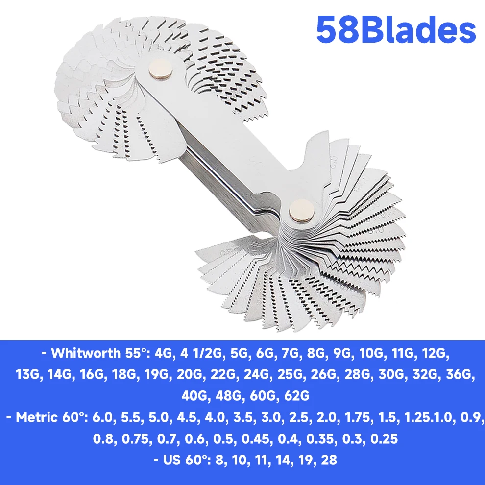 

20-58 лезвий, измеритель шага винта, метрический, имперский и американский винтомер SAE Whitworth 55/60 градусов, метрические инструменты для измерения резьбы