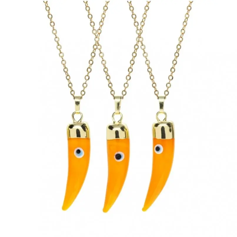 

5Pcs Yellow Gold Color Copper Glass Crystal Azure Stone Jewelry Horn Tusk Evil Eye Necklace