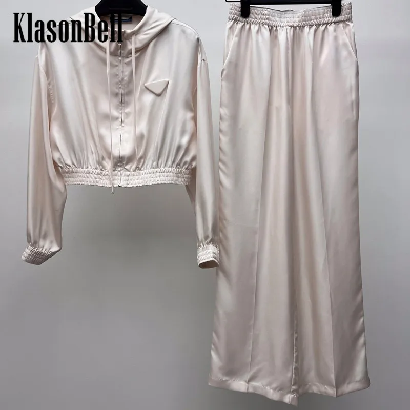 

8,15 темпераментный Повседневный Шелковый женский комплект KlasonBell треугольная короткая куртка с капюшоном или прямые широкие брюки с эластичным поясом