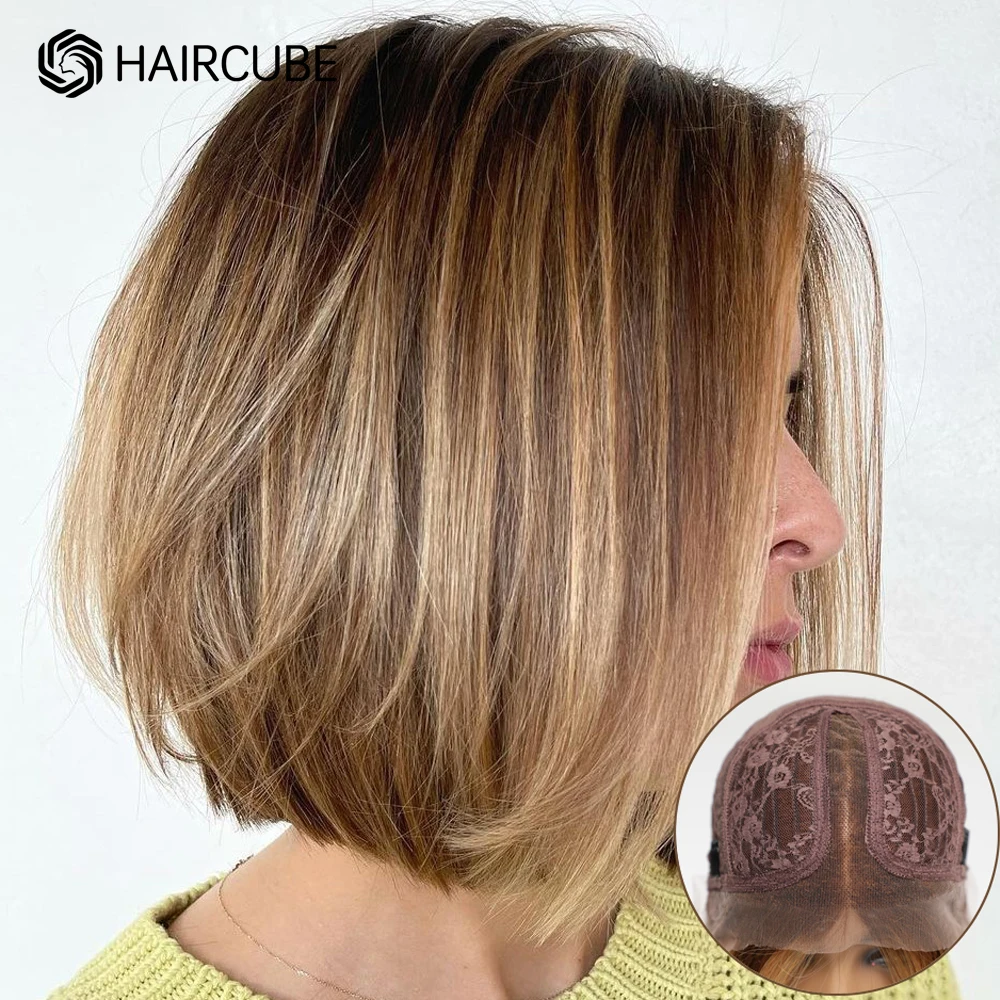 HAIRCUBE Brown Short Straight Wigs for Women 13*1 Lace Front Human Hair Wig Women's Middle Parted Ombre Blonde Bob Remy Hair Wig