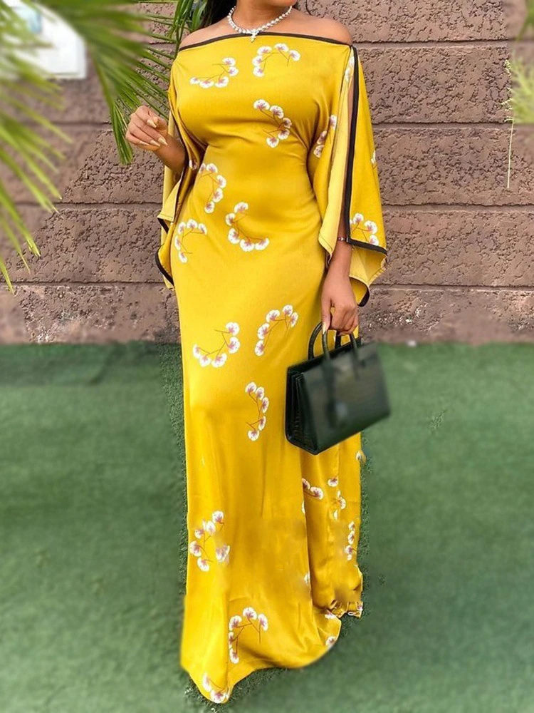 

Women Long Printed Dress Off Shoulder Slit Loose African Female Robes Party Celebrate Kaftan Event Large Size Ladies Retro Gowns