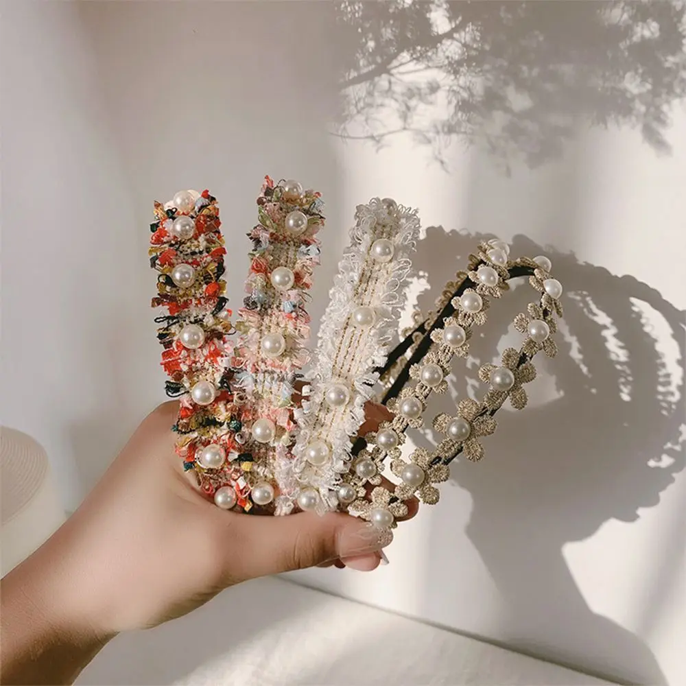 

Korean Fashion Lace Woven Headband Tender Noble Wide Hair Hoop Hairbands for Women Girls Pearl Flower Hair Accessories