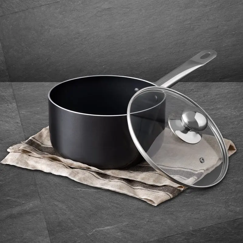 

Изысканная антипригарная алюминиевая сковорода для соуса QT с стеклянной крышкой с отверстиями, Черная кухонная утварь, кухонные аксессуары, стандартная нержавеющая сталь, для готовки