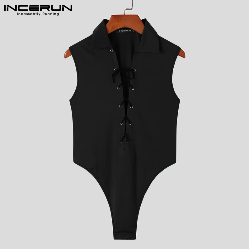 INCERUN 2023 Comfortable Homewear Men Onesies Sleeveless Solid All-match Simple Bodysuits Cross Straps Front Lapel Rompers S-5XL