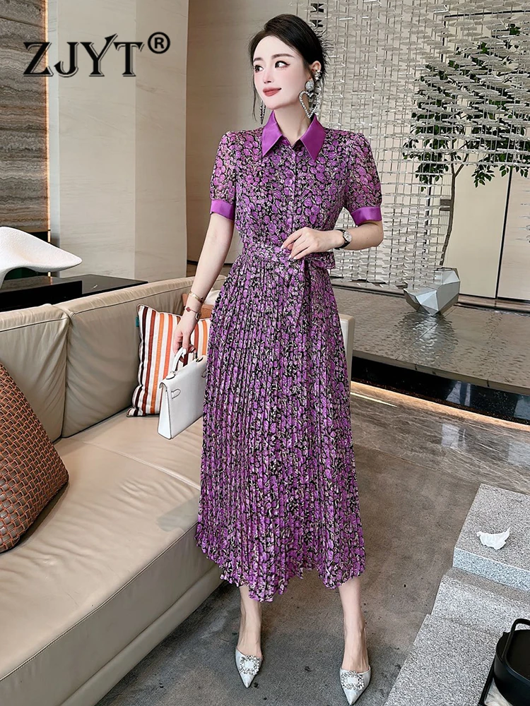 

ZJYT Fashion Floral Print Midi Chiffon Dresses for Women 2023 Green Purple Summer Pleated Vestido Short Sleeve Boho Holiday Robe