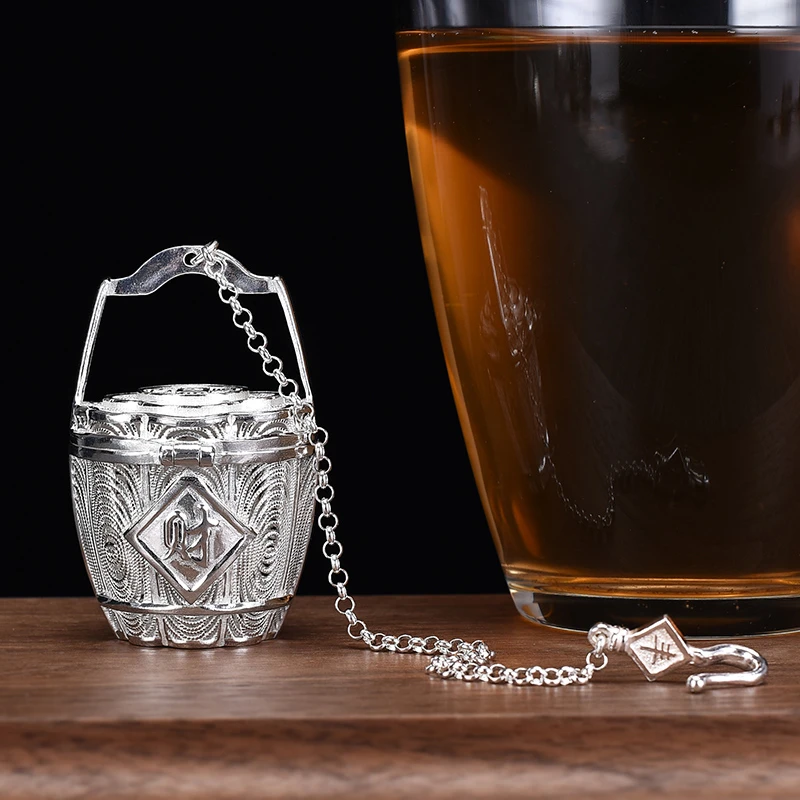 

Bucket-shaped 999 Sterling Silver Tea Strainer Locking Spice Portable Tea Mesh Infuser A Bucket Of Wealth Filter Strainers Tools