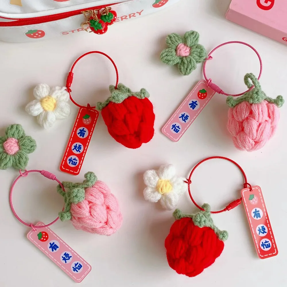 

Pink Red Strawberry Ute Flower Plush Keychain Car Keyring Girl's Bag Pendant Decoration Women Birthday Gift Jewelry Accessories