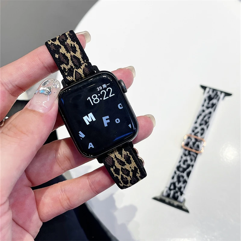

New Leopard Print Elastic Slim Strap For Apple Watch 41mm 40mm 38mm 44 42 45 49 Women Bracelet Band For iwatch 8 7 6 5 4 3 SE 2