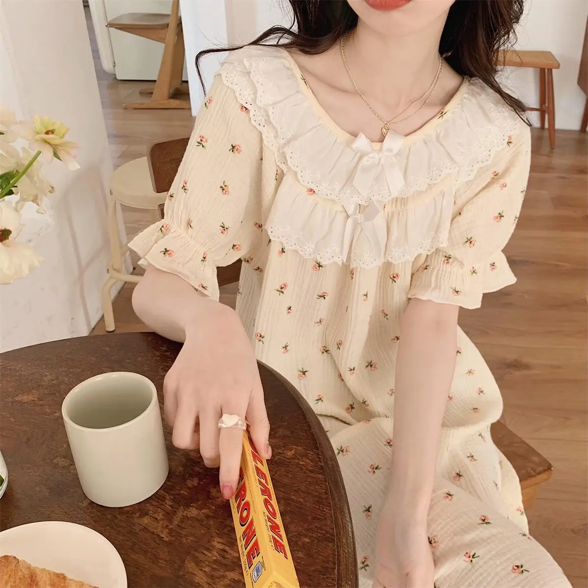 Lovely Floral Print Summer Nightgown Women Double Lace O-Neck Short Sleeve Cotton Long Sleepwear Loose Sweet Korean Night Dress