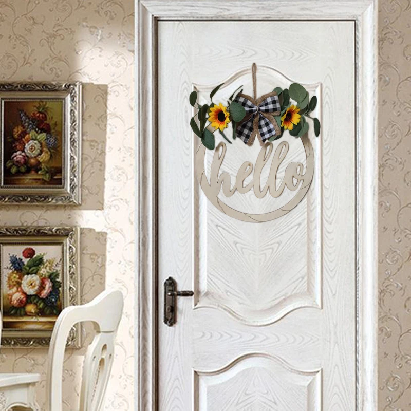 Welcome Hello Sign Wreath Door Hanging With LED Light Spring Sunflower Artificial Home Wedding Party Decor |