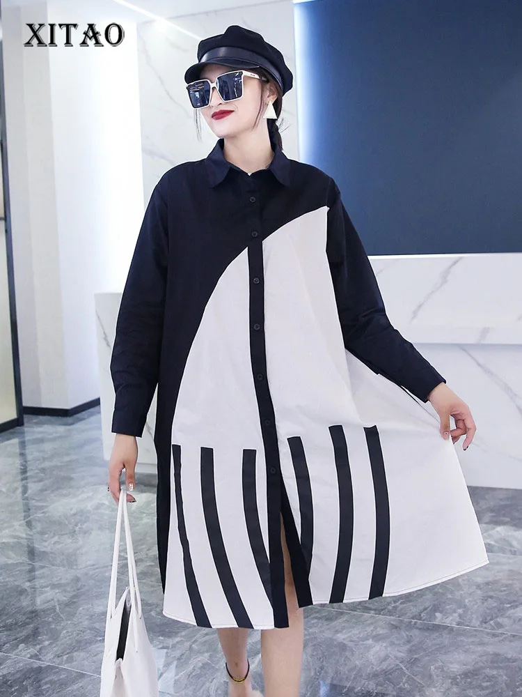 

XITAO New Dress Contrast Color Splicing Fashion Loose Long Sleeve Shirt Dress 2021 Autumn New Casual Large Size Women WMD3890