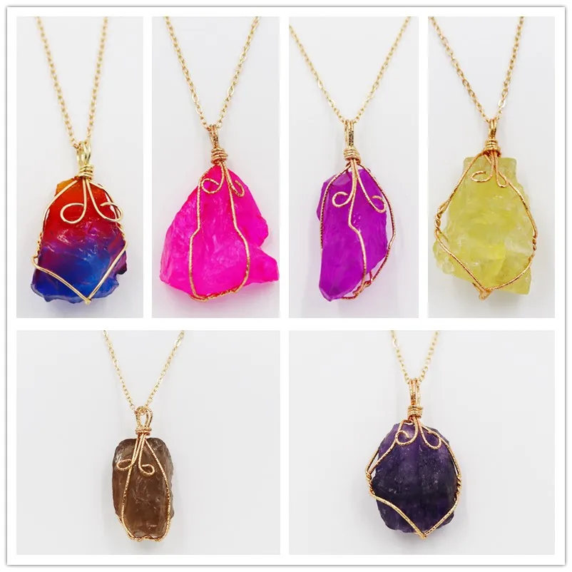 

12pc Rainbow Irregular Raw Fluorite Crystal Pendant Healing Amethysts Stone Necklace Gold Copper Winding Meditation Men Necklace