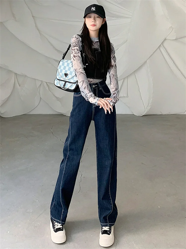 

Женские джинсы, темно-синие свободные прямые брюки с завышенной талией, новинка весны 2022, модные длинные джинсы с широкими штанинами, женски...