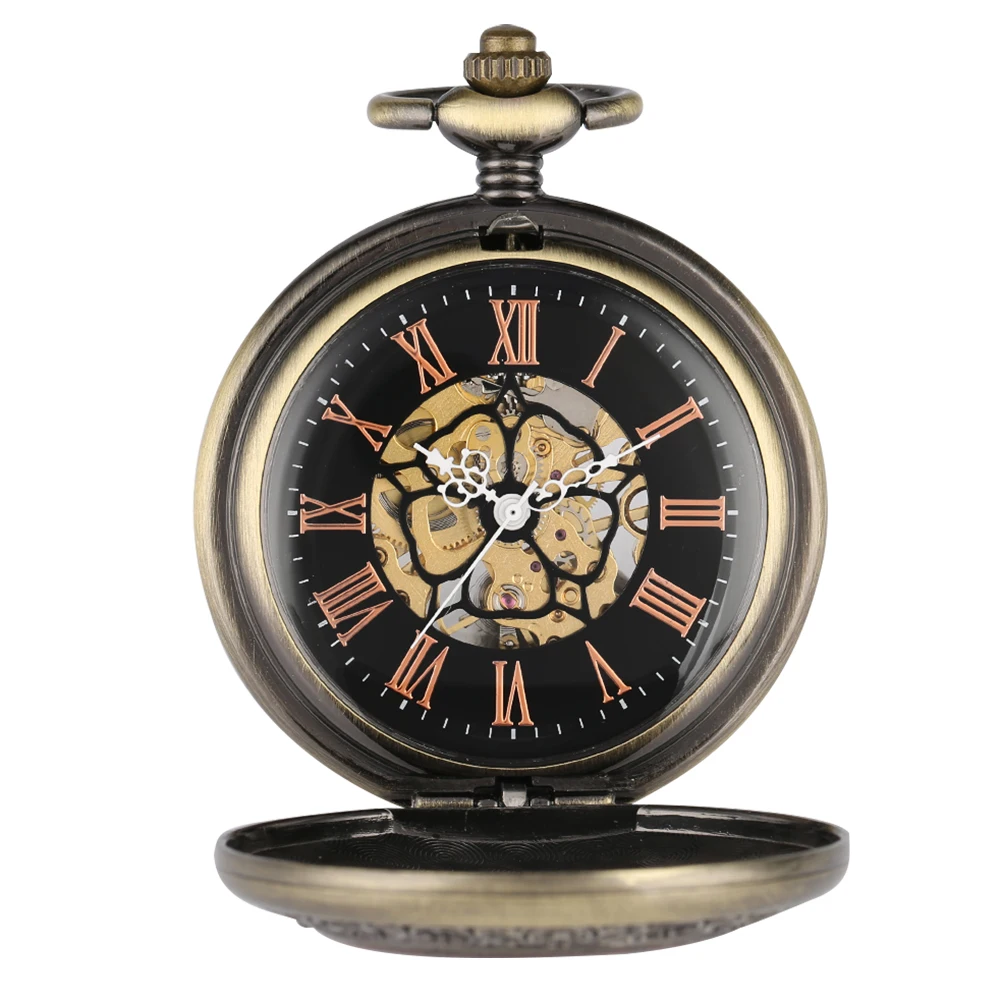 Vintage Hollow Red Wood Circle Decor Manual Mechanical Pocket Watch with Bronze Pocket Chain Luxury Antique Man Pocket Timepiece