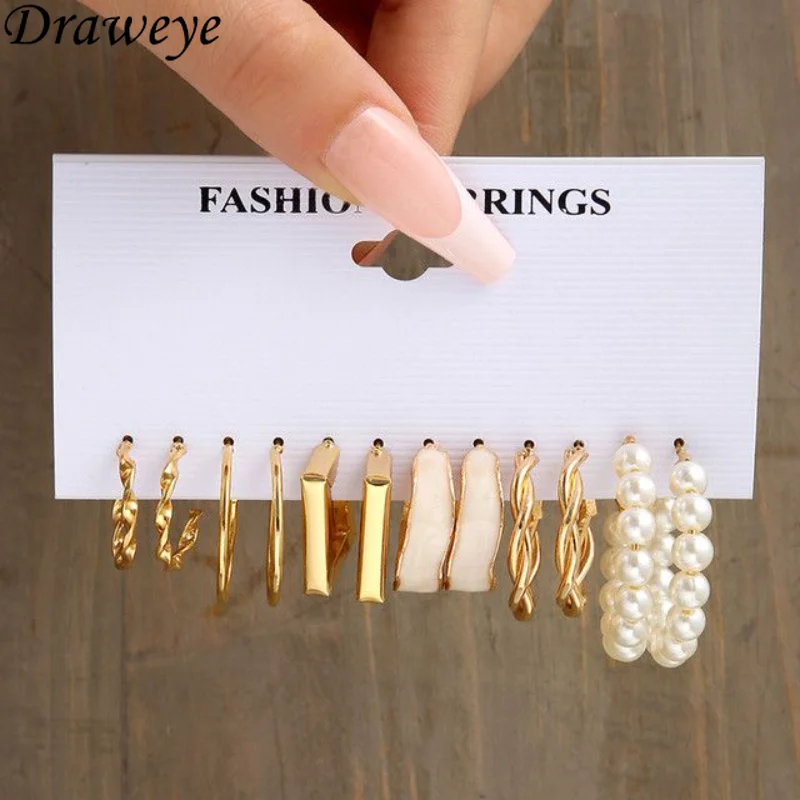 

Draweye Jewelry Sets for Women Korean Fashion Vintage Pearls Elegant Hoop Earrings Office Lady Geometric Pendientes Mujer