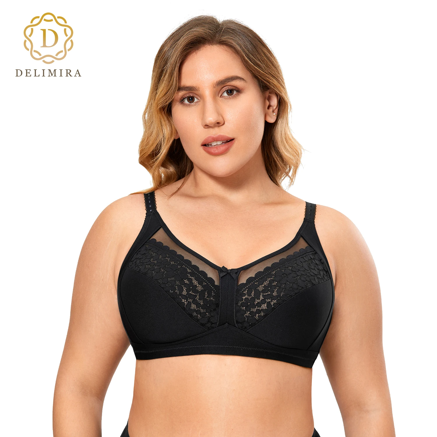 DELIMIRA Women's Full Coverage Floral Lace Wireless Unlined Plus Size Sleep Cotton Bra