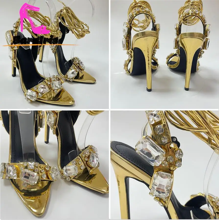 Golden Ankle Lace-Up Women Sandals 2023 Summer European Style Sexy Crystal Rhinestone Pointed Toe Banquet Party Sandals Ladies