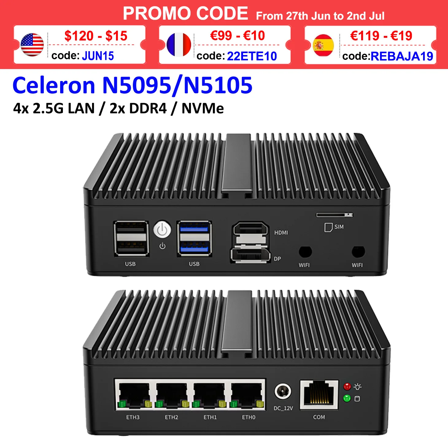 Мини-роутер Intel Celeron N5105/N5095 без вентилятора i225 2 5G LAN HDMI DP pfSense |