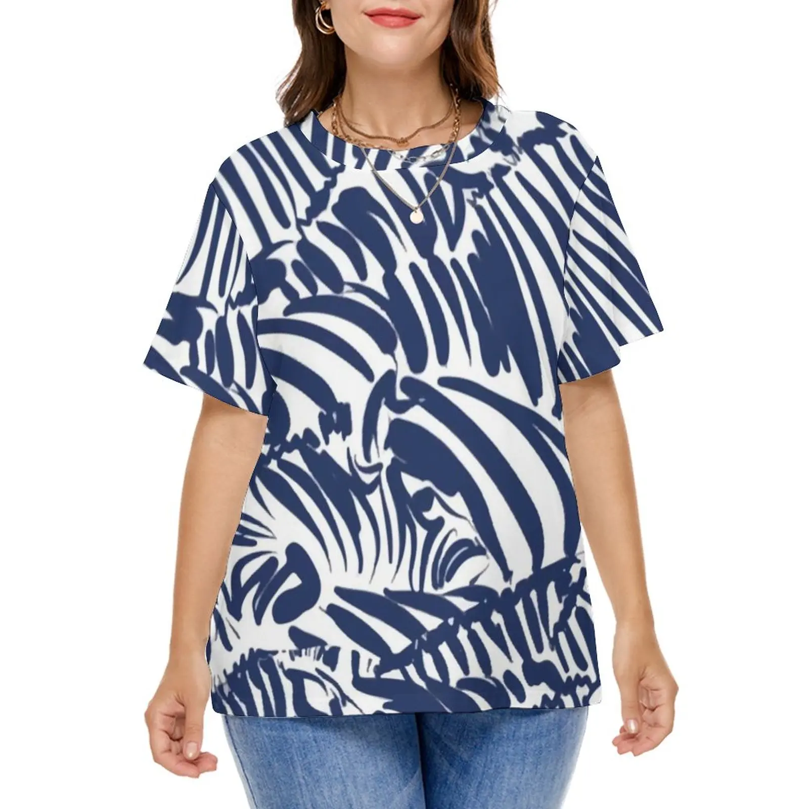 Zebra Stripe Navy T-Shirt Abstract Fun Animal Retro T Shirts Short Sleeve Streetwear Tee Shirt Summer Graphic Tees Plus Size 7XL