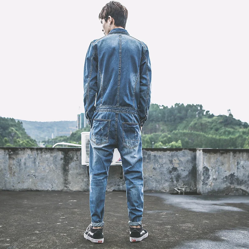 Spring and Autumn Men Jumpsuit Overalls Denim Jumpsuit Men's Hip Hop Hole Small Feet Denim Jacket Jumpsuit Men
