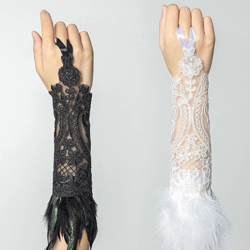 

Женские длинные перчатки с натуральными перьями, черные, белые кружевные перчатки без пальцев, крупные кружевные ажурные перчатки, аксессуары Y2k