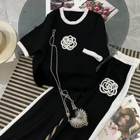 casual fashion suits womens clothing 2022 summer embroidered t shirt suits with a sense of niche design black wide leg pants