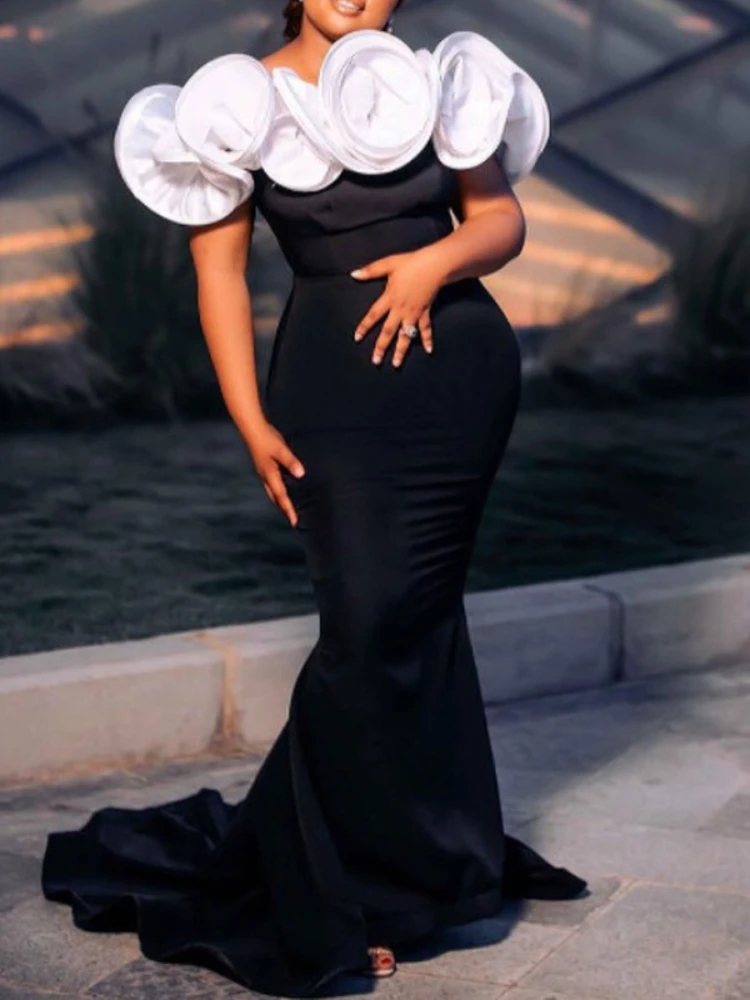 

Women Long Party Dress Off Shoulder Ruffle White Black Contrast Color Maxi African Female Event Prom Evening Celebrate Night Out
