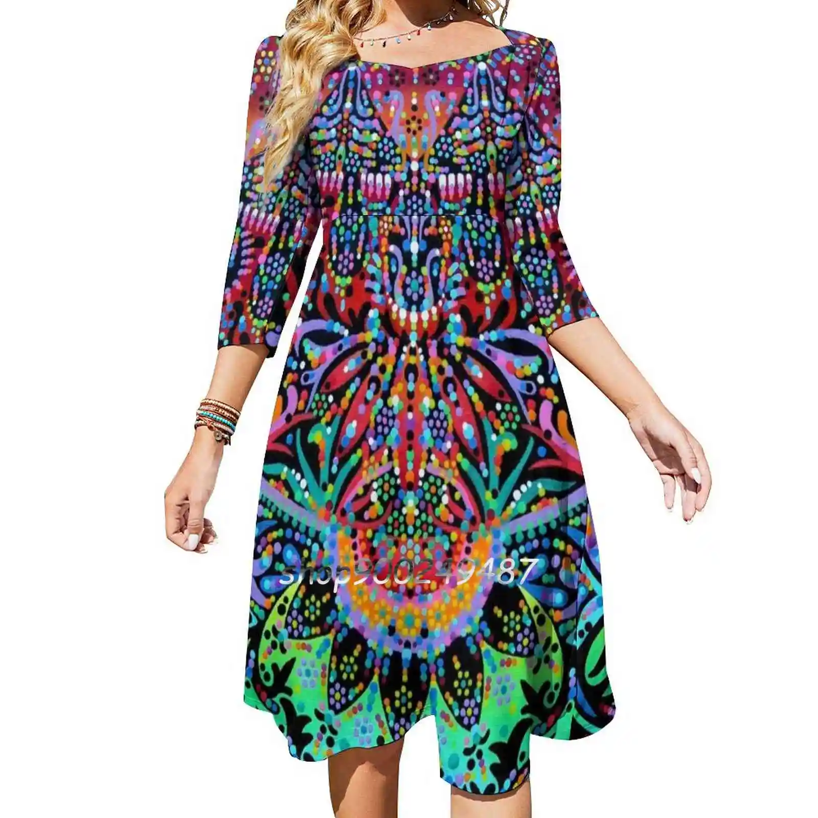 Платье на бретельках с принтом мандалы летнее женское платье ремнем