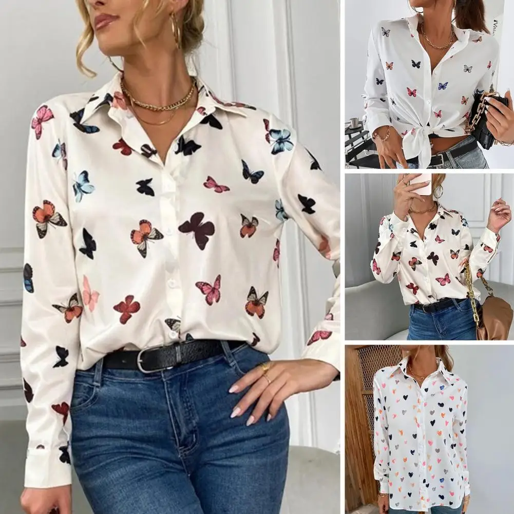 

Long Sleeve Shirt Tops Heart Butterflies Print Lapel Shirt Women's Spring/autumn Single Breasted Long Sleeve Top Streetwear