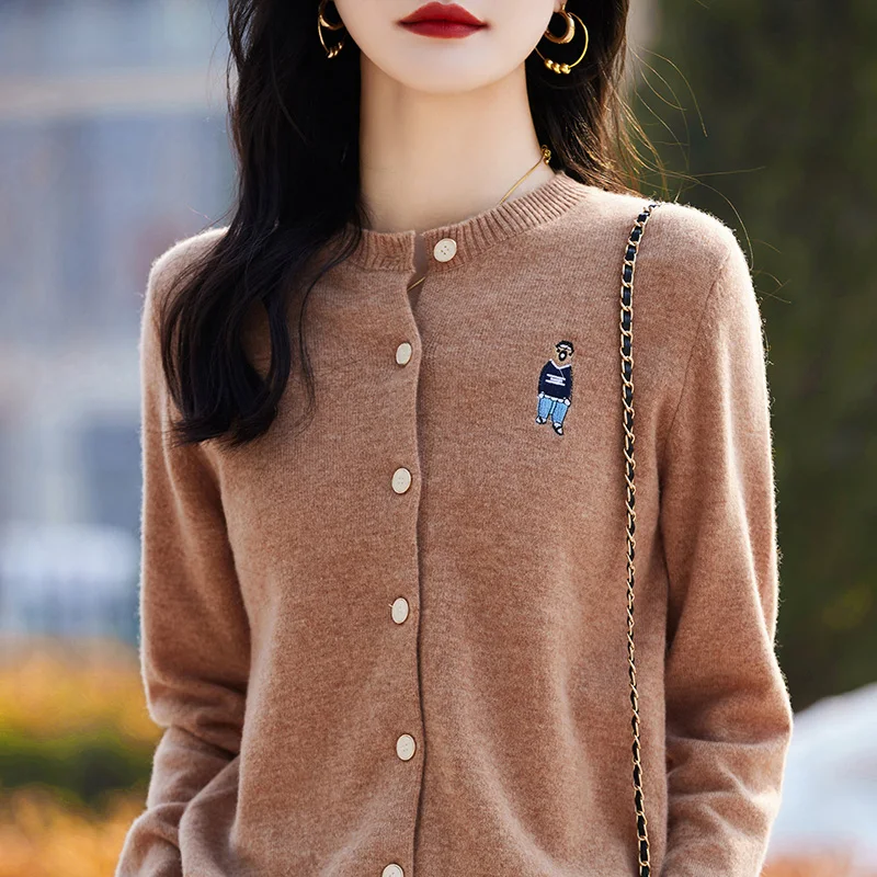 Женский шерстяной свитер с круглым вырезом Свободный вязаный кардиган из 100%-ной