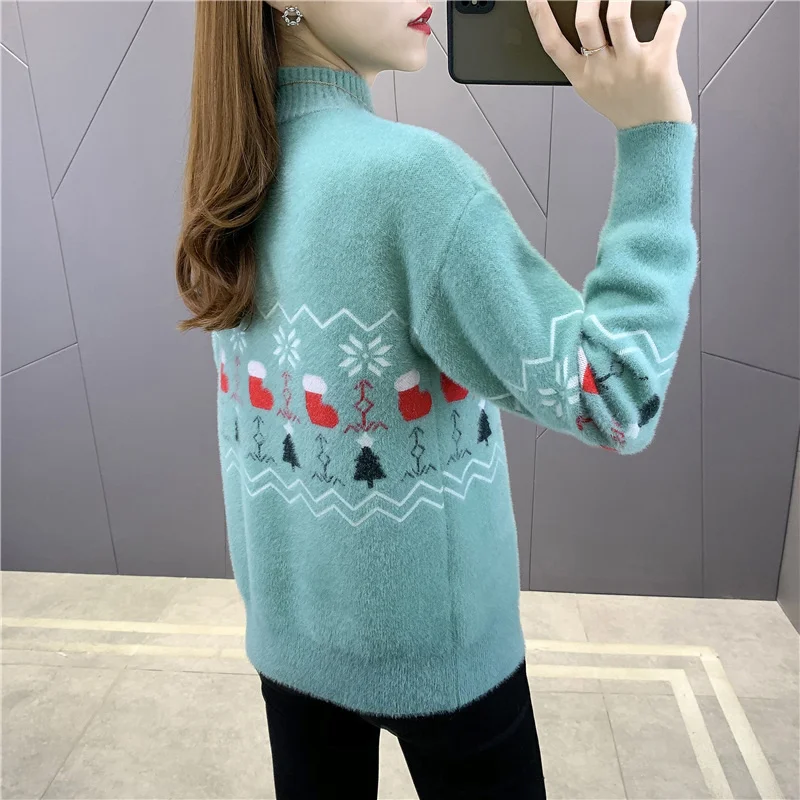 

Autumn Spring Fashion Half Turtleneck Mink Cashmere Embroidery Sweater Women Slim Pullover 4 Color Long Sleeve Knit Tops Female