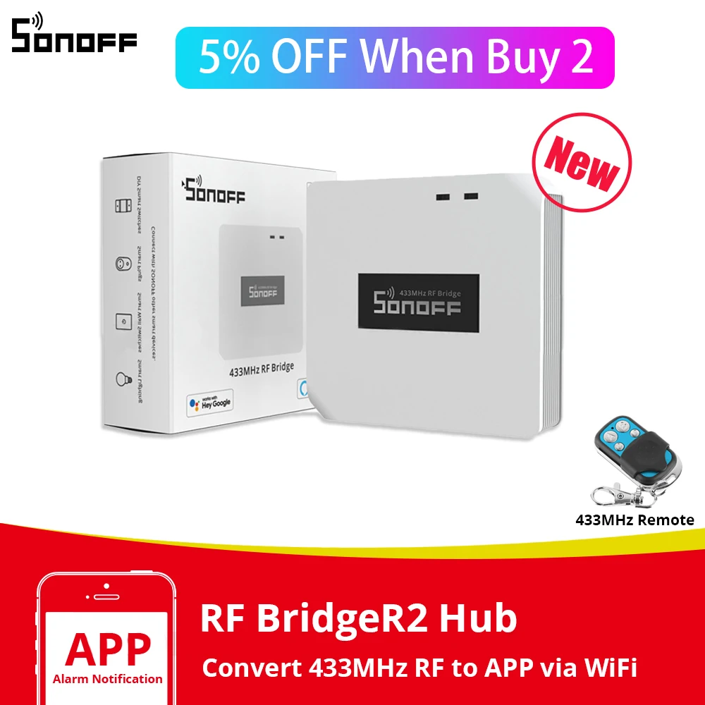 

SONOFF RF Bridge R2 433MHz WIFI Hub RF Remote Control Timing Light Wireless Gateway Smart Home Automation Module Google Alexa